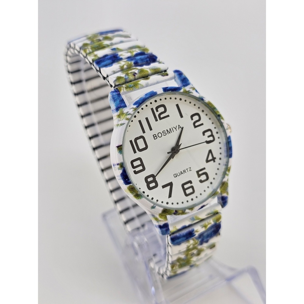 Women Watch Large Numerals 36MM Multicolor Flowers Stretch Band 6.5" NEW Battery